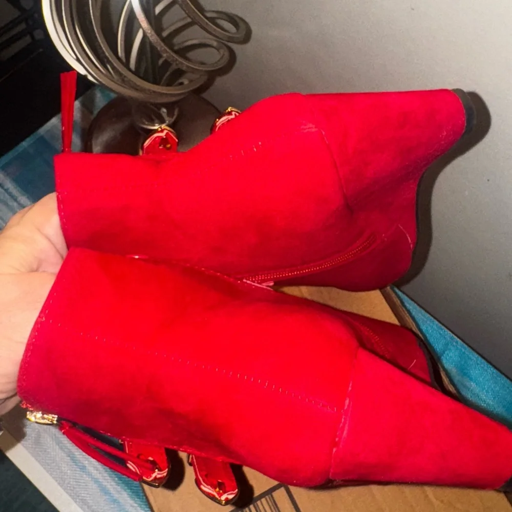 Forever Red Ankle Boots with Gold Accents - Picture 2 of 7